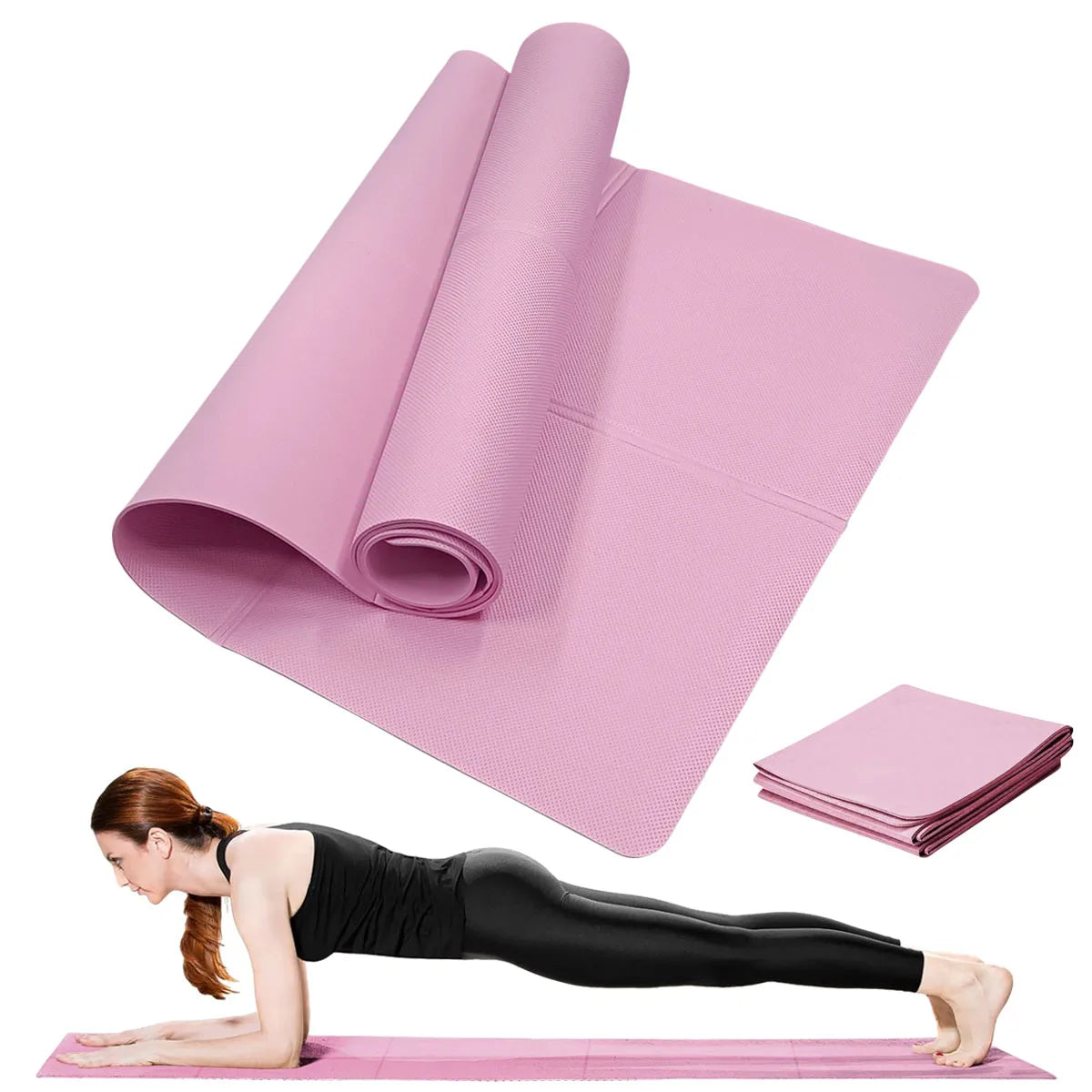 Tapis de yoga EVA rose roulé et femme en planche