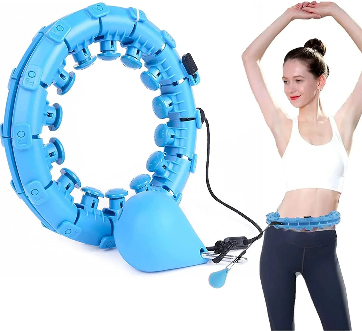 Hula hoop lesté à maillons bleu avec boule lestée, porté par une femme
