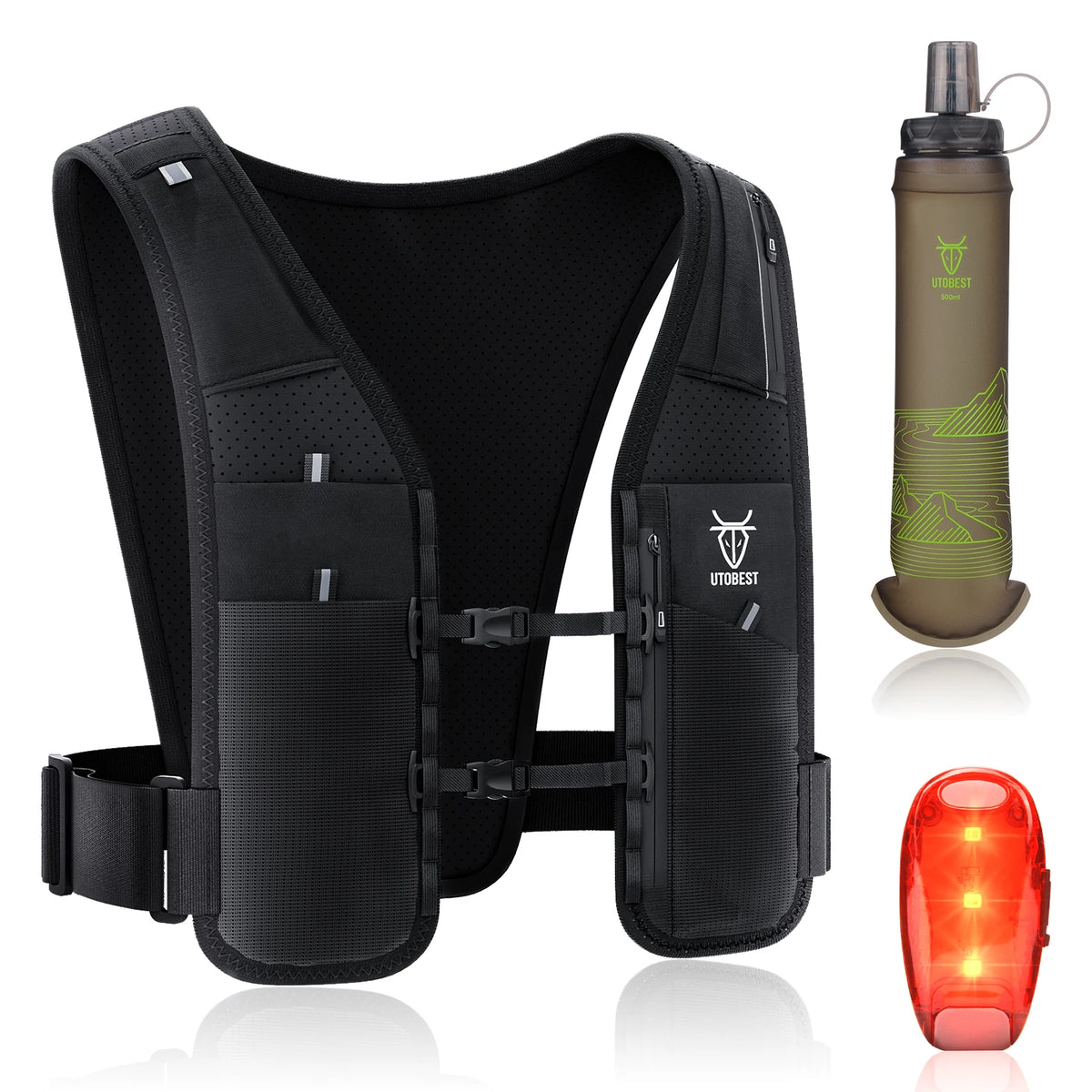 Gilet d'hydratation UTOBEST, version Gilet + Gourde Verte + Lampe LED