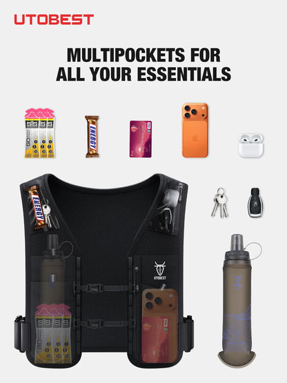 Poches du gilet d'hydratation UTOBEST avec exemples d'objets rangés