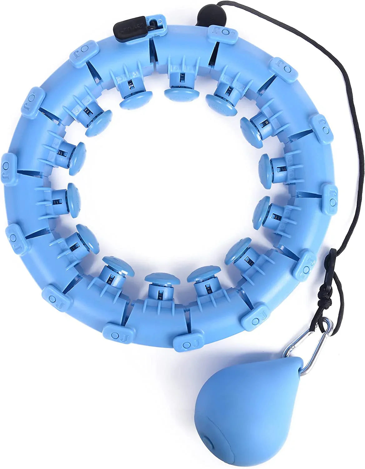 Hula hoop lesté à maillons bleu assemblé avec sa boule lestée sur cordon