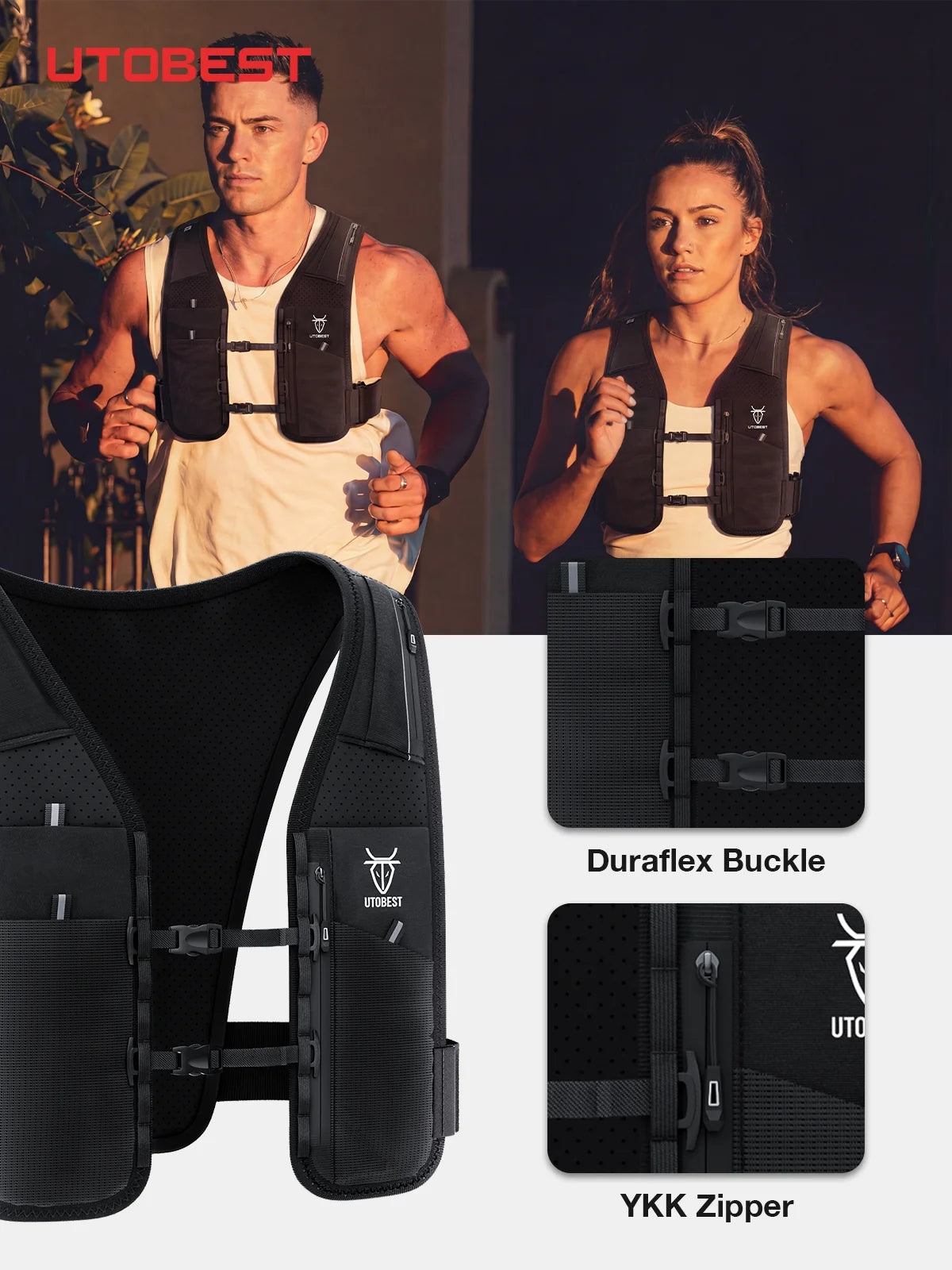 Détail des boucles et fermetures du gilet d'hydratation UTOBEST