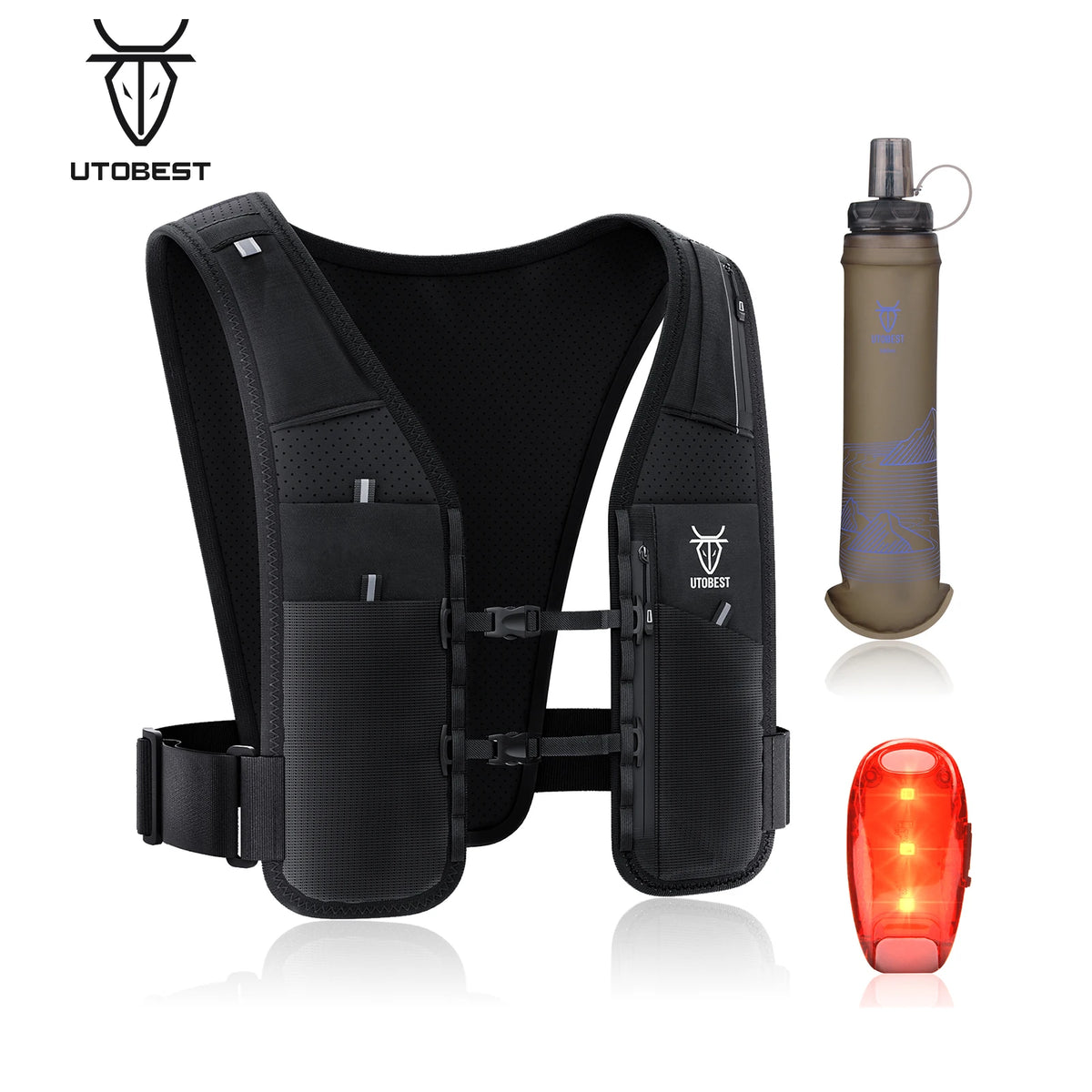 Gilet d'hydratation UTOBEST noir avec gourde souple et lampe LED