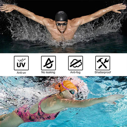 Nageurs portant des lunettes de natation et pictogrammes du fournisseur : anti-UV, étanchéité, anti-buée