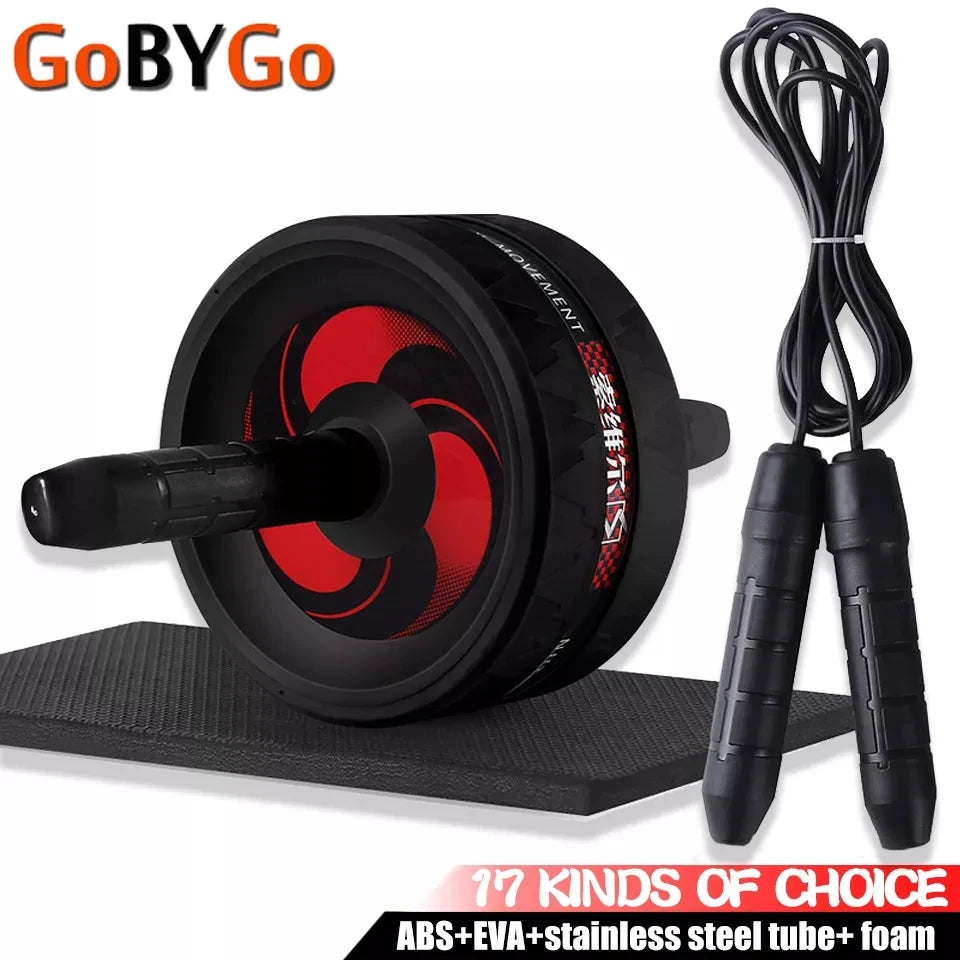 Roue abdominale double noire et rouge avec tapis genoux et corde à sauter