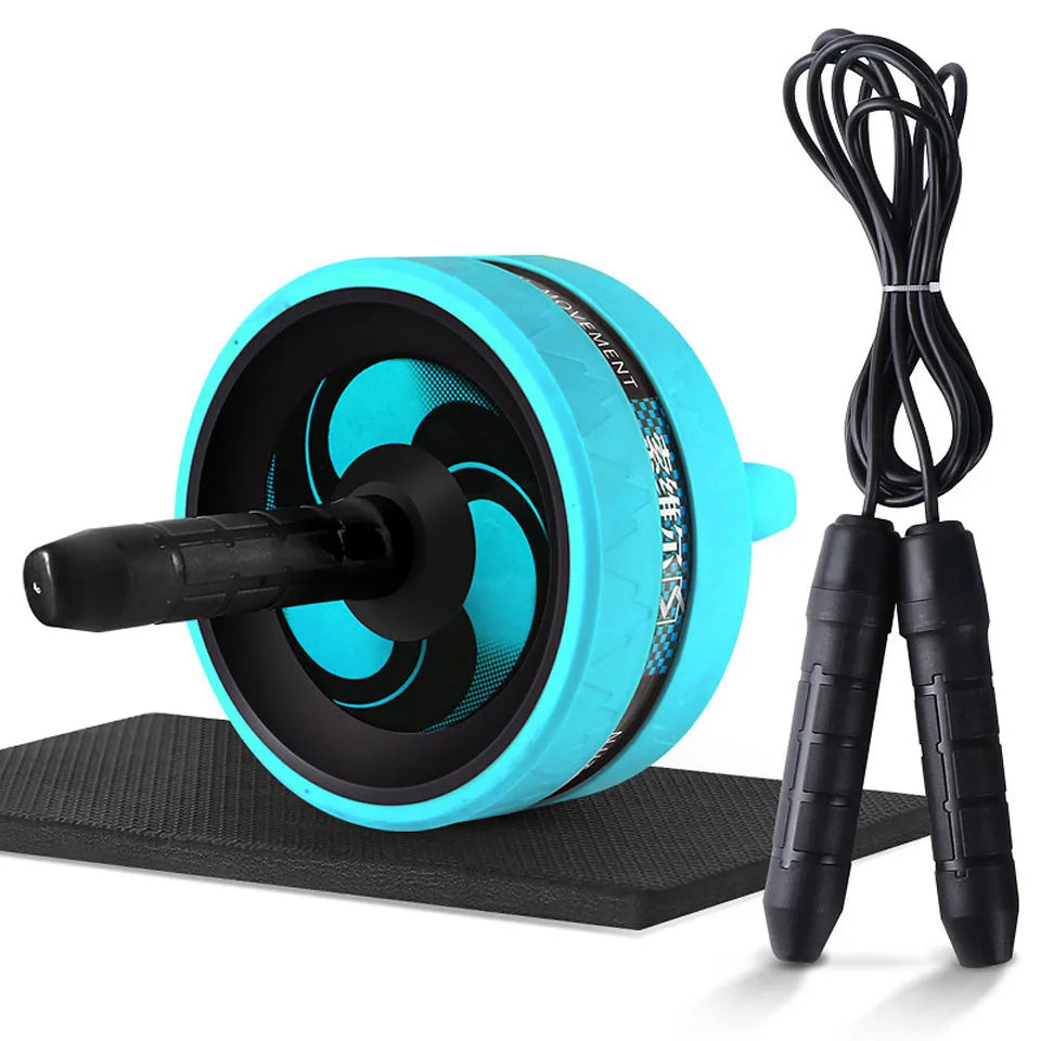 Roue abdominale double bleue avec tapis genoux et corde à sauter