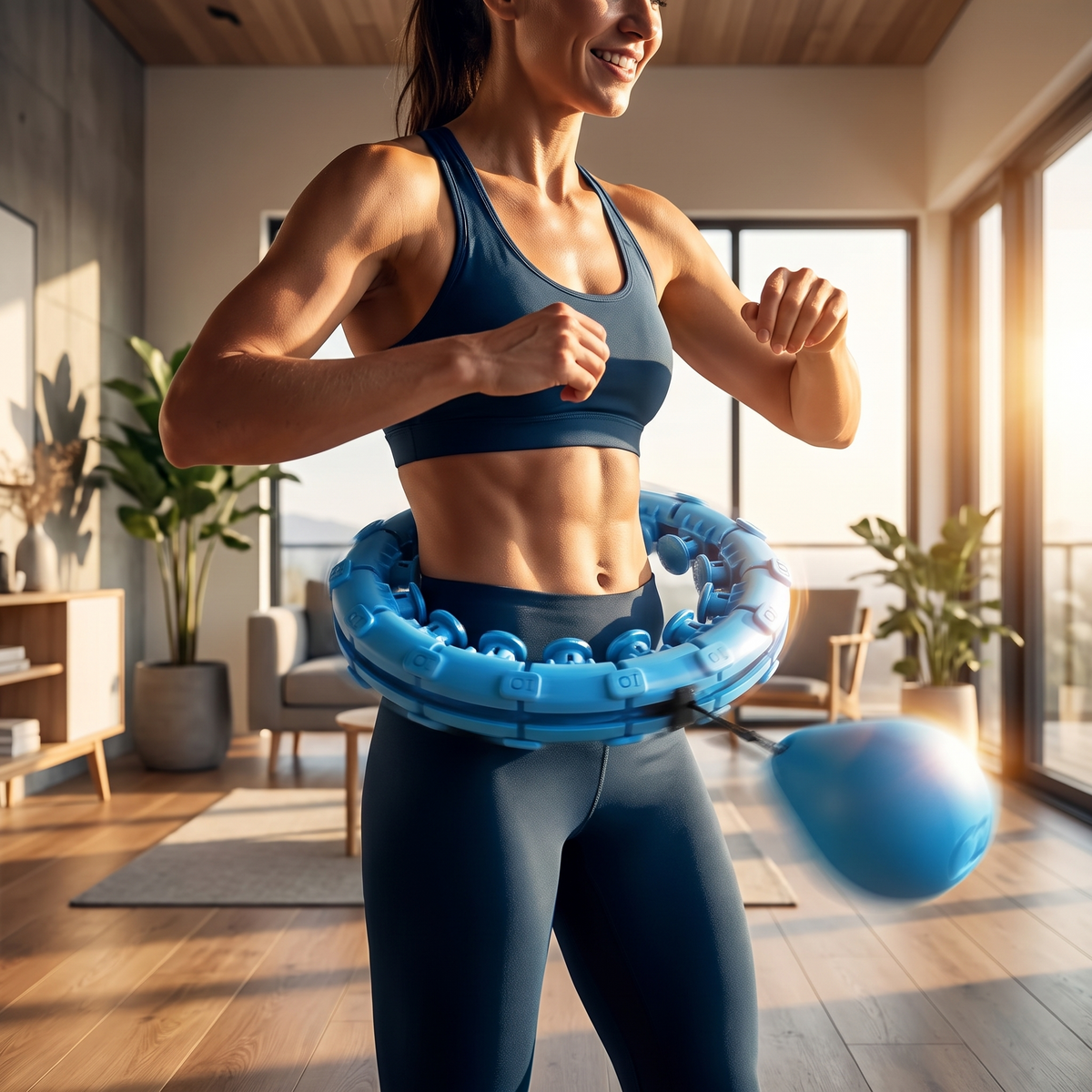 Femme utilisant un hula hoop lesté à maillons bleu dans un salon, visuel d'ambiance
