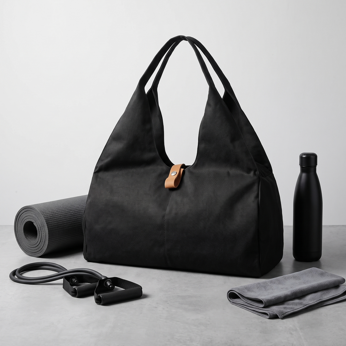 Sac de sport noir entouré d'accessoires non inclus, visuel d'ambiance