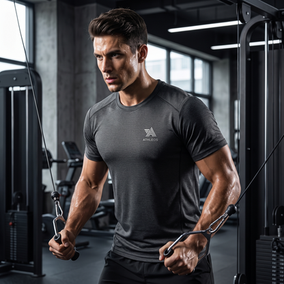 T-Shirt Sport Respirant ATHLORA porté en salle de sport, photo premium