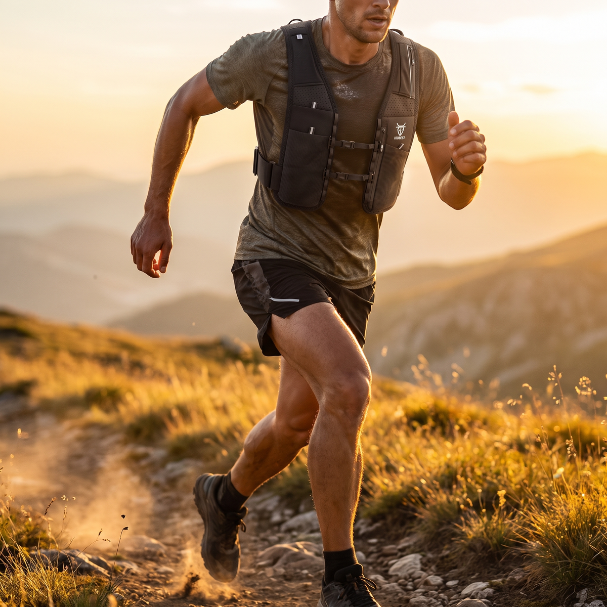 Coureur en trail portant un gilet d'hydratation noir, visuel d'ambiance