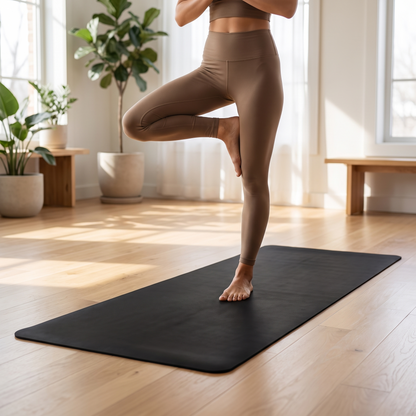 Femme en posture de yoga sur un tapis noir, visuel d'ambiance