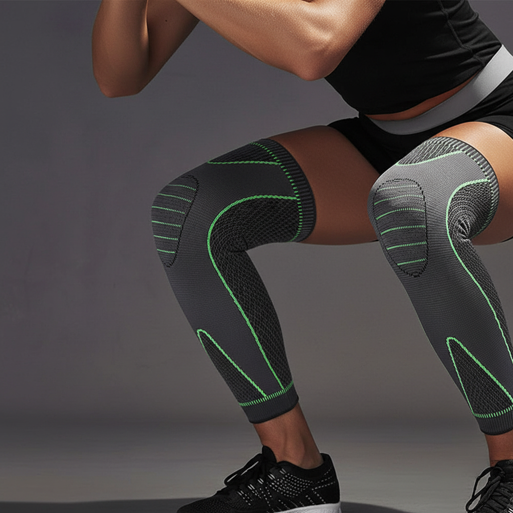 Genouillère de compression portée pendant squat en salle de gym