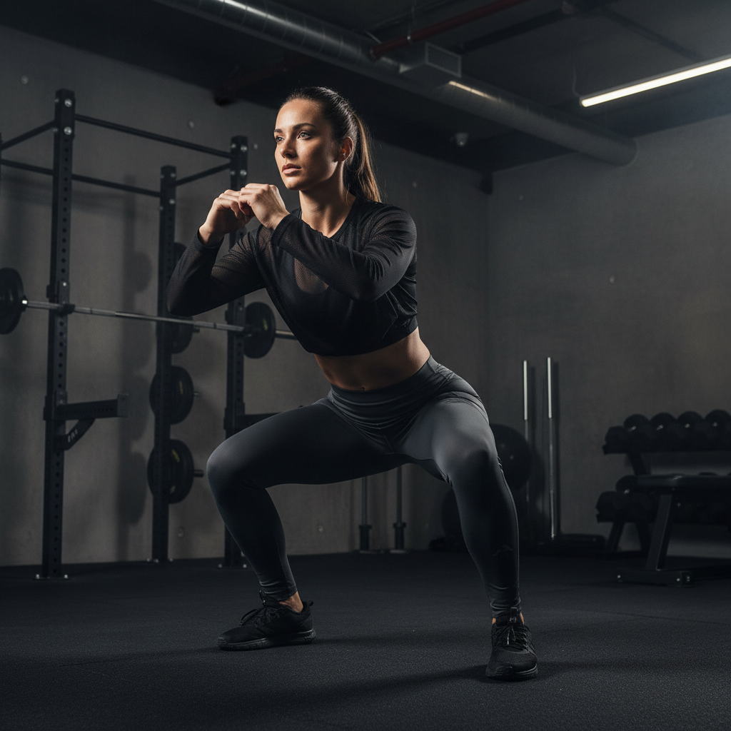 Legging de compression ATHLORA porté en squat par une femme en salle de sport