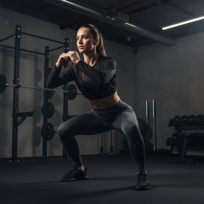 Legging de compression ATHLORA porté en squat par une femme en salle de sport