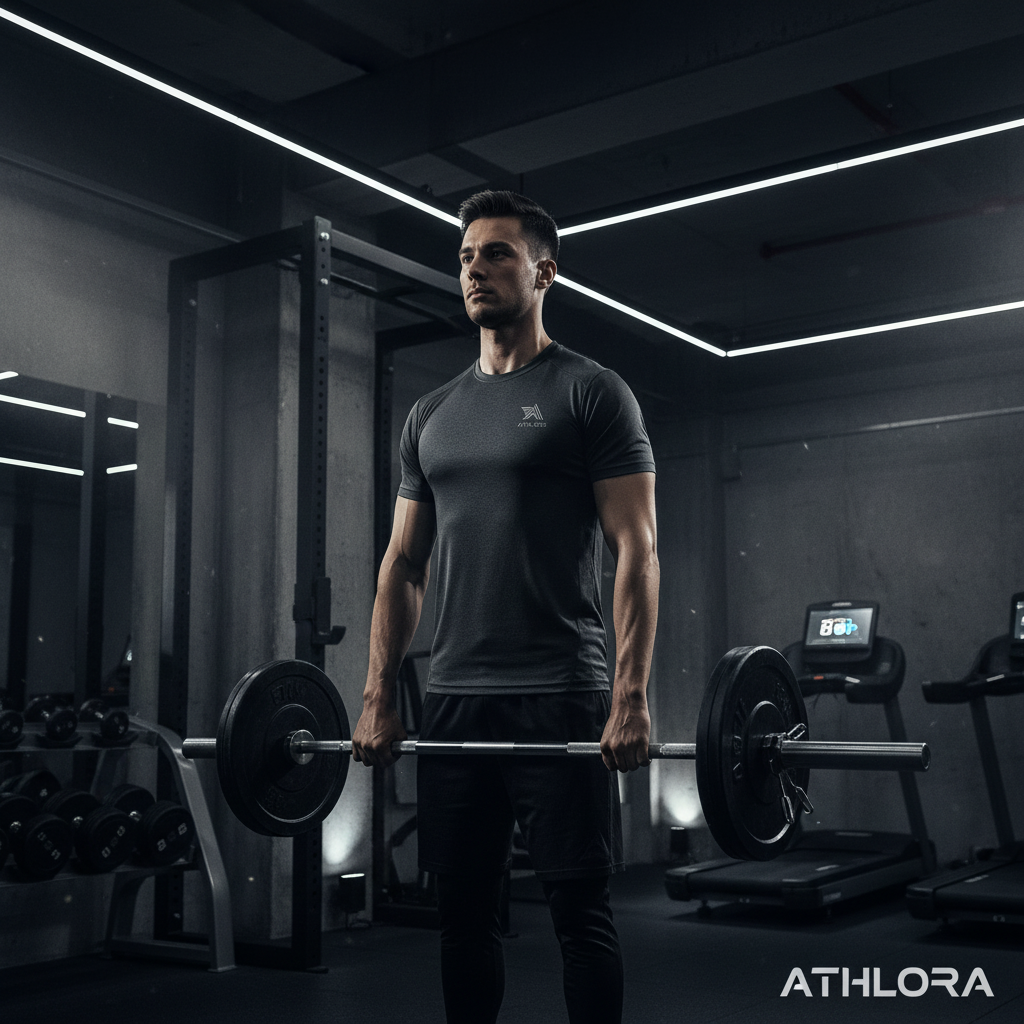 T-Shirt Sport Respirant ATHLORA porté par un homme en salle de sport