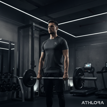 T-Shirt Sport Respirant ATHLORA porté par un homme en salle de sport