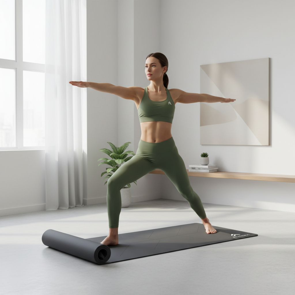 Femme en posture de yoga sur le Tapis Antidérapant 6mm ATHLORA à la maison