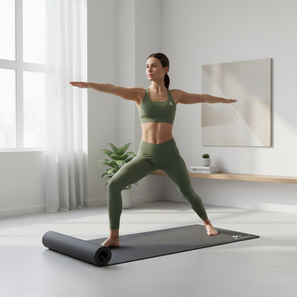 Femme en posture de yoga sur le Tapis Antidérapant 6mm ATHLORA à la maison